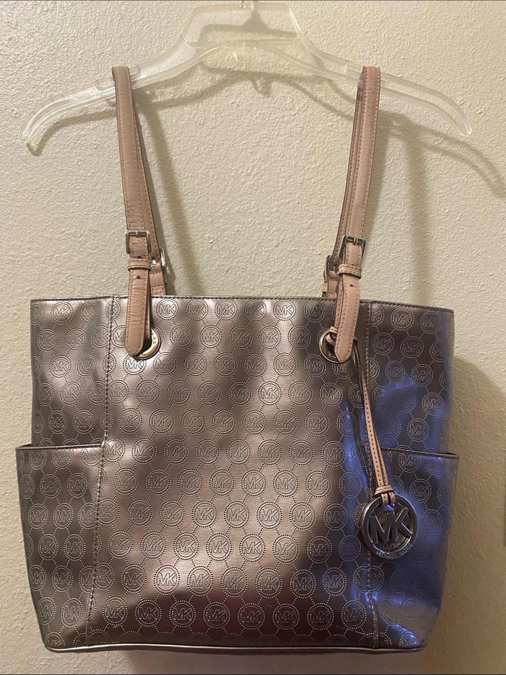 Michael Kors Metallic Pewter Logo Tote with Pale Pink Straps